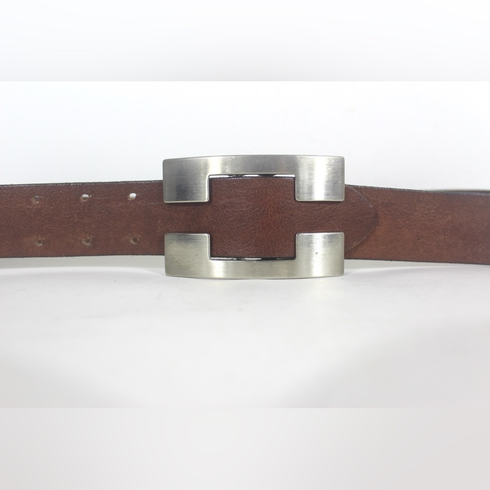 34”-38” Wide Brown Leather Belt with a Large Brushed Silver Metal Buckle